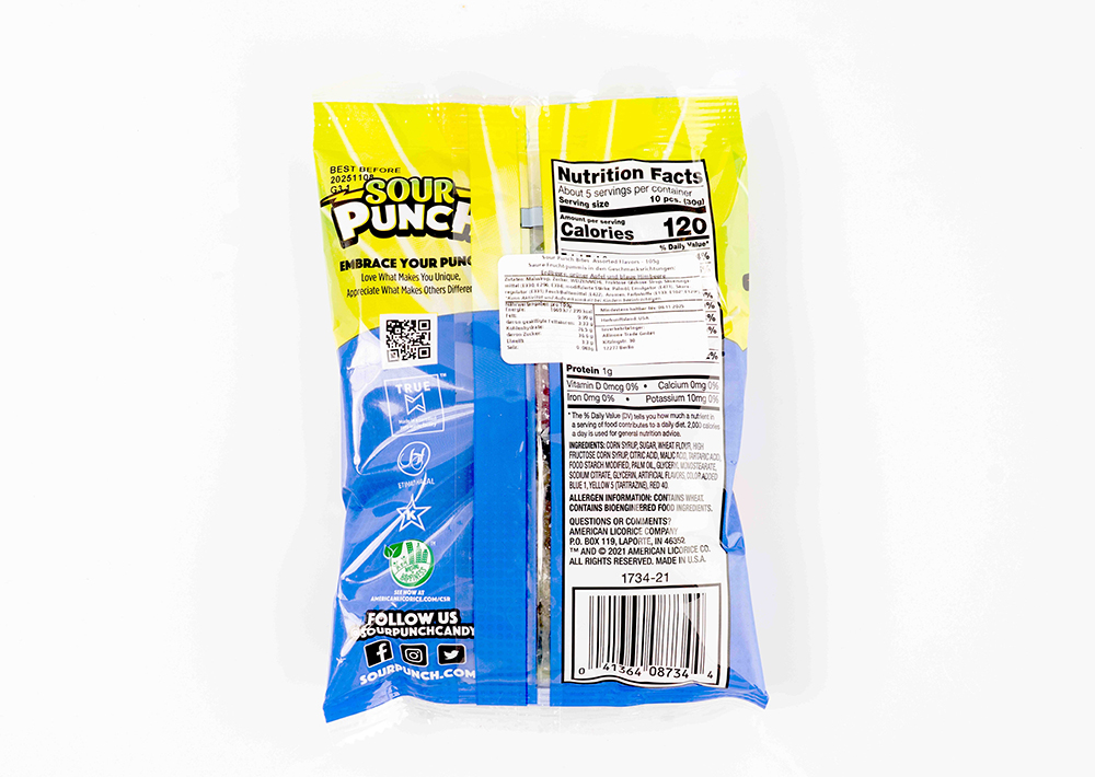 Sour Punch Bites Strawberry, Green Apple, Blue Raspberry- Çilek, Yeşil Elma, Ahududu Aromalı Ekşi Şeker 105 g