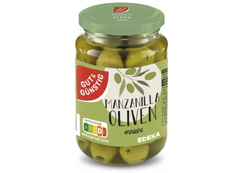 Gut & Gnstig Manzanilla Oliven, Grn, Entsteint - Manzanilla Yeil Zeytin,  ekirdeksiz 340 g - Morgenmarkt.de